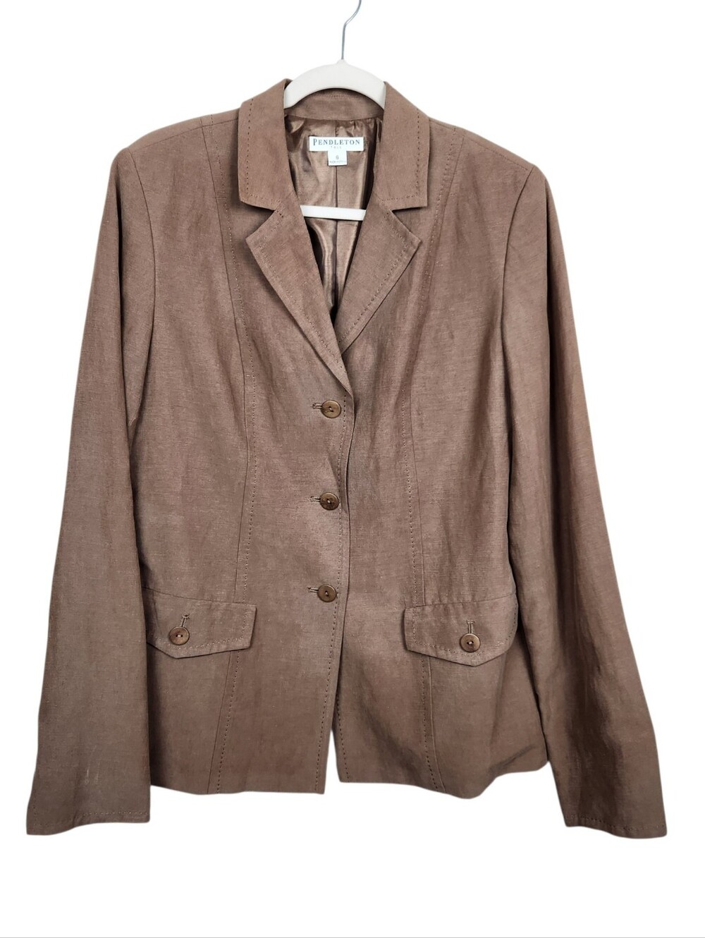 Pendleton Brown Tailored Blazer Silk Linen Blend Womens Size 8T 8 Tall